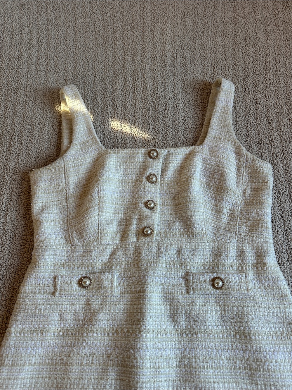 Karl Lagerfeld Paris Ivory Tweed Shift Dress Pearl Buttons Wool Size 16 - Picture 3 of 5